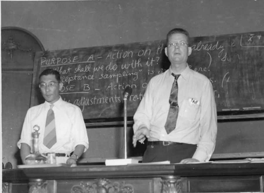 W. Edwards Deming teaching at a blackboard in Japan, 1953